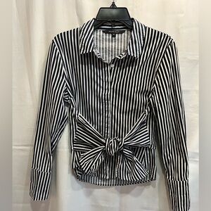 Walter Baker Connie Top Black/Navy Stripe Tie Front Button Up M